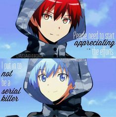 two anime characters one with red hair and the other with blue eyes, both looking at each