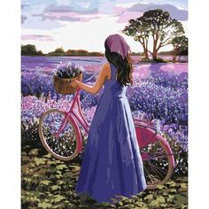 a painting of a girl with a bicycle in a field full of purple wildflowers