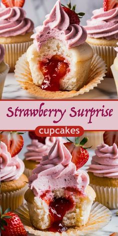 strawberry surprise cupcakes with frosting and strawberries on top