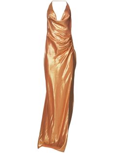 Retrofete Cleo metallic-finish Dress  - Farfetch Neck Halter Dress, Halterneck Dress, Metallic Dress, Exclusive Fashion, Gold Dress, Online Clothing Stores, Cocktail Dress Party, Long Length, Peaches