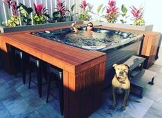 a dog standing next to a hot tub on top of a wooden table with benches