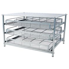 three tiered metal shelf with drawers on each side and four compartments below the shelves