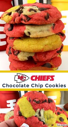 chocolate chip cookies are stacked on top of each other with the football in the background