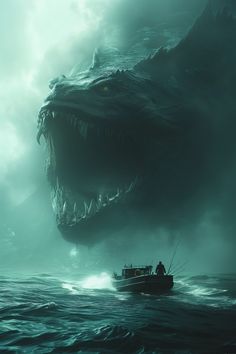 a boat in the water with a large monster head