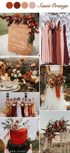 an orange and brown wedding color scheme is shown in several different colors, including the bride's dress