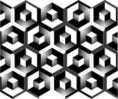 black and white abstract design with hexagonal cubes in the center, on a white background