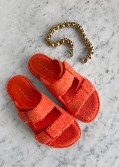 Color: Orange Terrycloth sandal Open toe Slip-on style Double straps Molded footbed Upper: 93% Cotton 7% Polyurethane Lining: 93% Cotton 7% Polyurethane Rubber Sole 1" Platform By Ilio Smeraldo x TFS. Made in Italy Hotel Sweet, Custom Shoes Diy, Shoes Diy, Flat Wedges, Visually Pleasing, Buy List, Ace Hotel, Makeup Clothes, Chunky Sandals