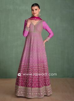 Hot Pink Embroidered Anarkali Dupatta Set For Women... Georgette Gown, Traditional Embroidery, Lehenga Style, Net Lehenga, Satin Saree