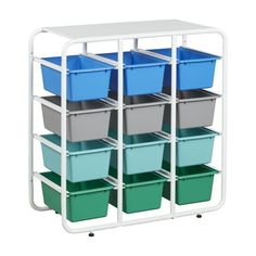 a white cart with six blue and green bins