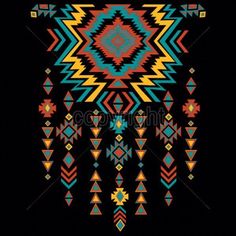 an abstract native american style design with geometric shapes and colors on black background, suitable for wallpaper or fabric