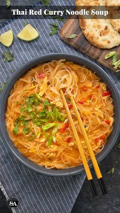 An overhead view of Thai Red Curry Noodle Soup in a blue bowl with chopsticks. Easy Thai Red Curry, Thai Red Curry Noodle Soup, Noodles And Chicken, Red Curry Noodle Soup, Curry Noodle Soup, Red Curry Chicken, Curry Noodles, Chicken Easy