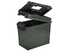 an open green box with black handles and latches on the lid is shown against a white background