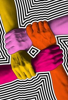 four hands holding each other in the middle of an abstract image with black and white stripes