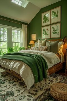 a bedroom with green walls and pictures on the wall above the bed, along with an area rug