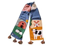 WEARABLE ART   -   Long, Multicolor, Unique Design, Hand Knit Scarf  |  Farm  |  cow sheep lamb One of this scarf is AVAILABLE! It will be shipped within 2-4 days and it will be sent to you with FAST SHIPPING.  Since the scarves are handmade, there may be slight differences in model colors, patterns and sizes. Therefore, the product to be sent to you is in the image with a white background. Other images may have been taken with one of the previously knitted versions of the product. Contact me if Cow Scarf, Farm Cow, Sheep And Lamb, Hand Knit Scarf, Knit Scarf, Worlds Of Fun, Design Store, Acrylic Yarn, Wearable Art