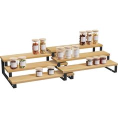 three wooden shelves with jars and containers on them, each holding different types of food