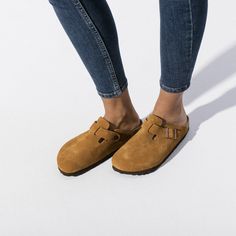 Boston Soft Footbed Suede Leather Mink | BIRKENSTOCK Birkenstock Boston Mink, Birkenstock Boston Soft Footbed, Boston Soft Footbed, Birkenstock Style, Calf Muscles, Suede Coat, Sneaker Slippers, Birkenstock Boston, Style Fall