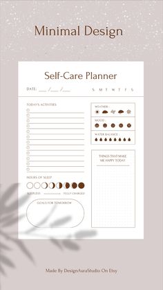 a printable self care planner with the text,'minimal design self - care planner '