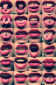 many different images of lips with teeth and tongue rings on them, all showing the same amount