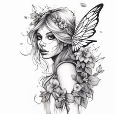 a drawing of a girl with flowers on her head and butterfly wings over her shoulder