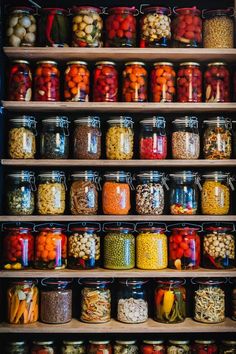 shelves filled with lots of different types of food in glass jars and containers on top of each other