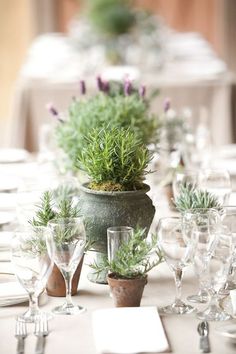 the table is set with wine glasses and plants in pots on top of each other