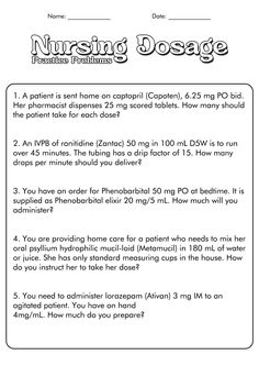 the nursing dosage worksheet is shown in black and white, with an image of