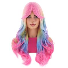 PRICES MAY VARY. Cap Size: About 22.5 Inches with Adjustable Straps, 2 adjustable straps could help you adjust the wig cap size less or more for about 1-1.5 inches. Specification: Length:26 Inches from top to end, 21.5-22 Inches from front to back(the bangs and scalp included), Weight-200g Approx, Color-Gray. About The Style: All wigs are trimmed by hand, so the hairstyle may go slightly difference from different batch, you can style this wig base on your need. Wig Type: Selected heat resistant Rainbow Hair Wig, Wavy Wig With Bangs, Pastel Rainbow Wig, Colorful Wigs, Long Wavy Wig, Rainbow Wig, Wavy Wig, Wig With Bangs, Wig Accessories