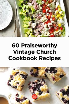 an image of a plate with food on it and the title overlay reads 60 praiseworthy vintage church cookbook recipes