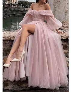 A-Line Prom Dresses Corsets Dress Formal Floor Length Long Sleeve Off Shoulder Tulle with Glitter Ruched Slit 2023 9354695 2023 – $154.99 Corset Dress Formal, Minimal Stil, Ben Ben, Robes Glamour, A Line Evening Dress, Corset Dress Prom, A Line Prom Dresses, Dresses Ideas, Pink Tulle