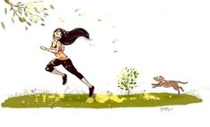 a woman running in the grass with a dog