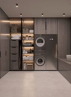 a washer and dryer in a very large room