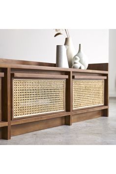 Solid Teak and Canework TV Unit | Tikamoon Roots | Woodfurniture.com Rattan Tv Cabinet, Tv Wall Panel, Raw Wood Furniture, Modern Tropical House, Simple Tv, Tv Bank, Diy Salon, Tv Bench, Storage Furniture Living Room