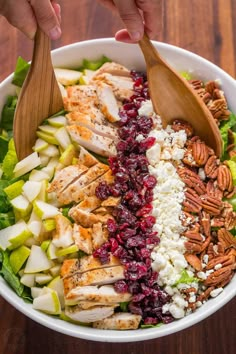 a salad with chicken, apples, cranberries, pecans and feta cheese