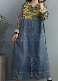 Camouflage Patchwork Denim Dress Hooded cowboy Dress Women Maxi Baggy