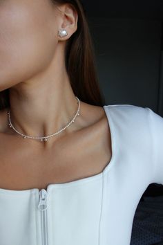 Dainty Pearl Charm Choker, Elegant Teardrop Jewelry With Tiny Beads, Everyday Tiny Beads Choker, Sterling Silver Pearl Necklace With Clavicle Chain, Minimalist Drop Pearl Necklace, Elegant Silver Pearl Necklace With Tiny Beads, Dainty Drop Choker Necklace, Dainty Drop Necklace With Pearl Charm, Dainty Silver Choker With Tiny Beads