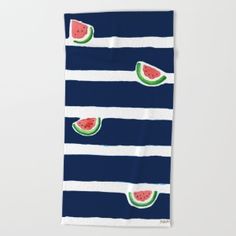 watermelon slices on navy blue and white stripes beach towel by duckyboo