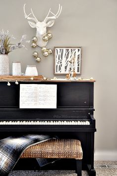 a black piano sitting on top of a carpeted floor next to a white deer head