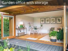 a garden office with storage doors open