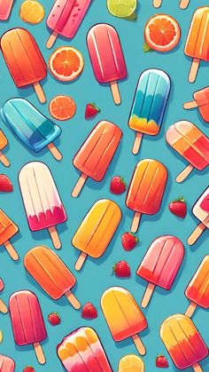 colorful popsicles and oranges on a blue background