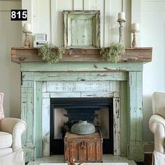 a living room with a fire place and chairs