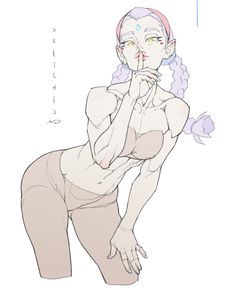 a drawing of a naked woman with pink hair and blue eyes posing for the camera