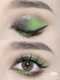 Wicked Inspired Makeup Looks, Green Makeup On Blue Eyes, Elphaba Eye Makeup, Elfaba Makeup, Wicked Makeup Ideas, Wicked Musical Makeup, Wicked Themed Makeup, Vine Eye Makeup, Elphaba Makeup Eye