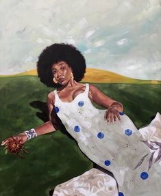 a painting of a woman in a white dress with blue polka dots holding a flower