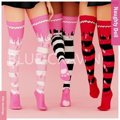 three women wearing knee high socks with hearts and stripes on them, one in pink the other in black