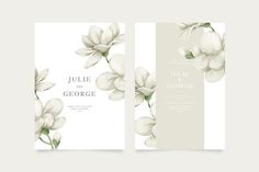 two wedding cards with white flowers on the front and back, one is in watercolor