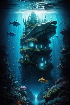 Big house under the water around the fishs Underwater House Aesthetic, Fantasy Water House, Under Water Fantasy Art, Building Under Water, Fantasy Water Kingdom, Underwater Creatures Art, Mermaid House Underwater