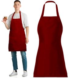 a man in an apron holding a glass of wine and standing next to a red apron