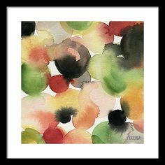 an abstract watercolor painting with black, orange and green circles on white paper framed print