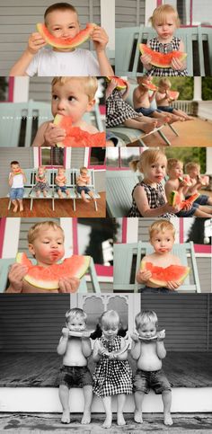 a collage of photos with children eating watermelon